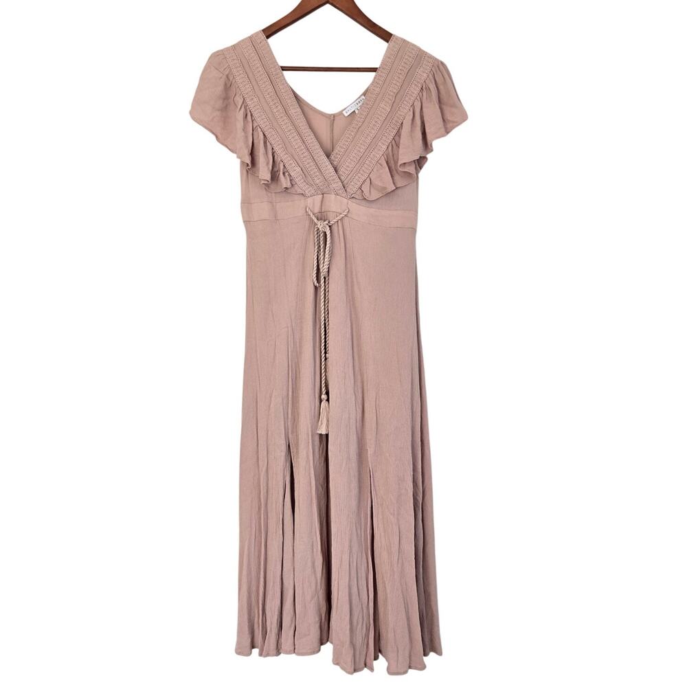 Boho Chic Dusty Mauve Deep‑V Maxi Dress Crochet Lace Trim High Slits Size Small